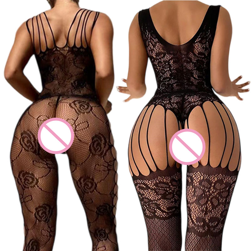 Bodystocking Fishnet - Preto crotchless macio estiramento corpo meias